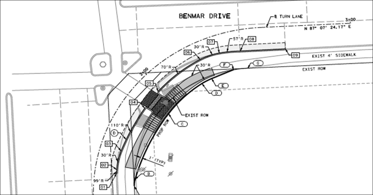 A black-and-white engineering drawing shows a curved roadway improvement plan labeled Benmar Drive, including curb alignment, sidewalk placement, radii measurements, and right-of-way markings.