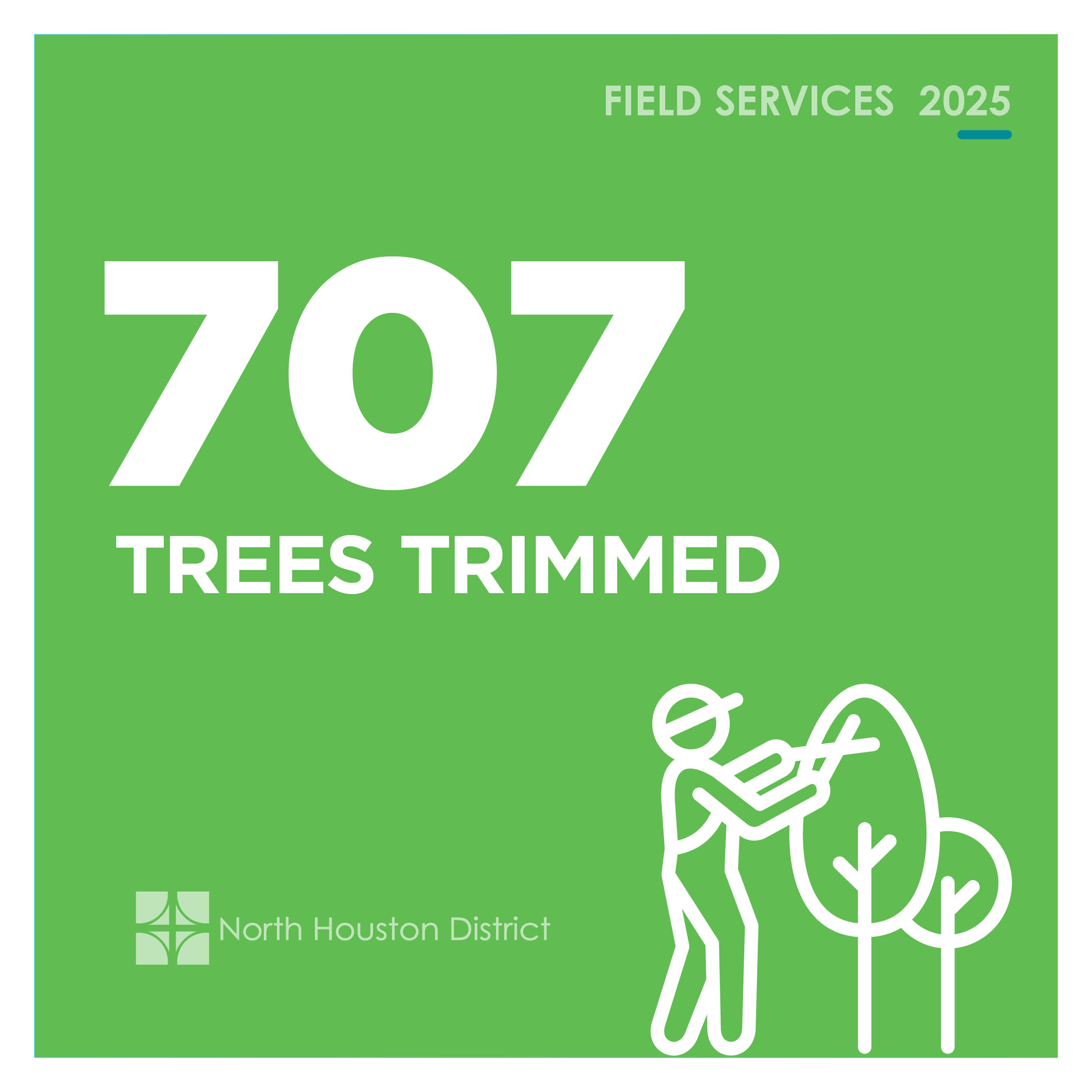 Field Services FY 25 for web12 Green infographic stating that 707 trees were trimmed in 2025, featuring a white tree trimming icon.