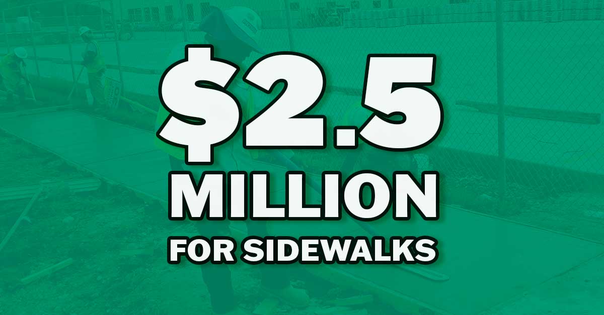HGAC Grant Newsroom Graphic Graphic shows $2.5 million for sidewalks over a background of workers pouring concrete for a sidewalk project.