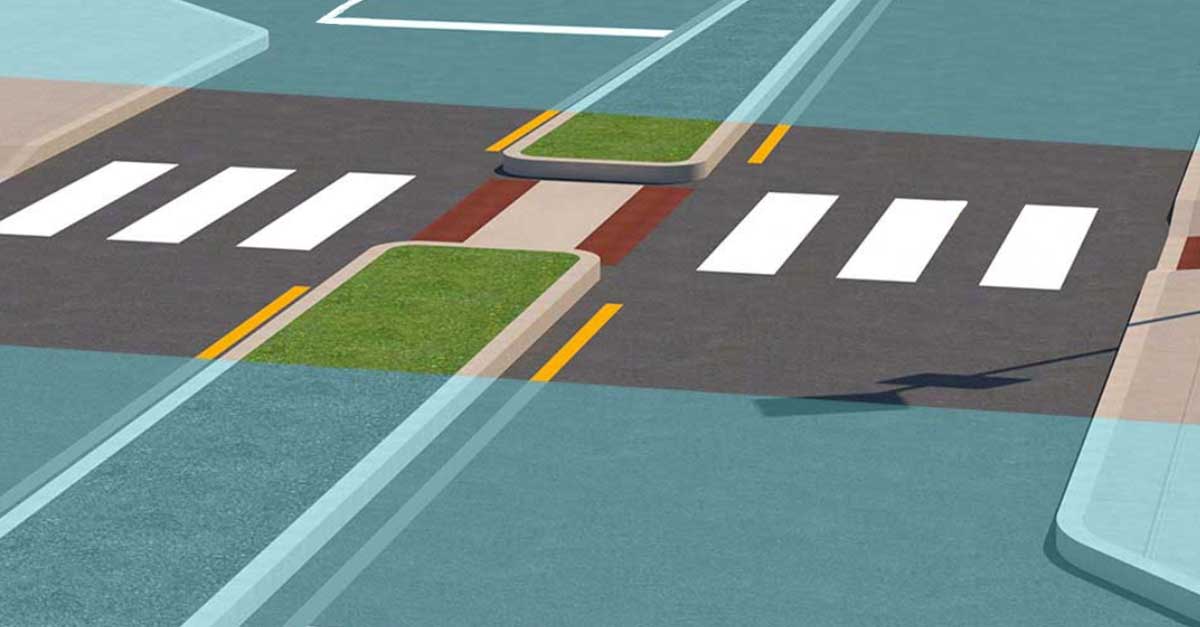 A rendering shows a protected midblock crosswalk with pedestrian refuge islands and bold white stripes between landscaped medians.