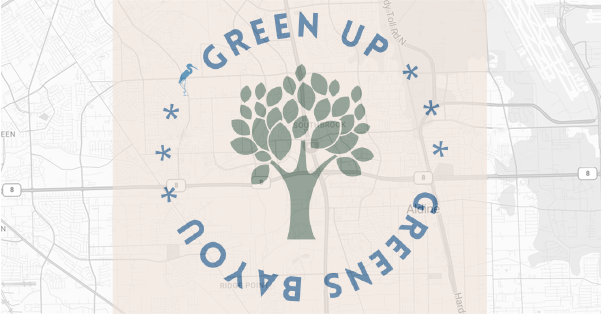 Green Up Greens Bayou icon with a cream colored background and a vector drawing of a beautiful tree.