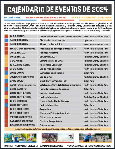 This image shows a 2024 event calendar for Dylan Park, North Houston Skate Park, and Rockstar Energy Bike Park in Spanish. It lists events by date, including activities like "Día familiar en el parque" (Family Day), "Festival de Patinaje Adaptado" (Adapted Skating Festival), and BMX races. Each event is color-coded by location: blue for Dylan Park, red for North Houston Skate Park, and orange for Rockstar Energy Bike Park. The bottom of the flyer encourages families to skate, bike, walk, and relax at these parks, with images of participants enjoying various activities.
