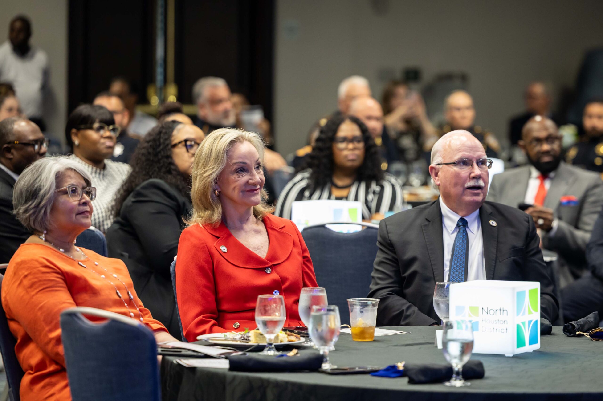 Event attendees, including women and men in business attire, seated and watching the stage at the luncheon.