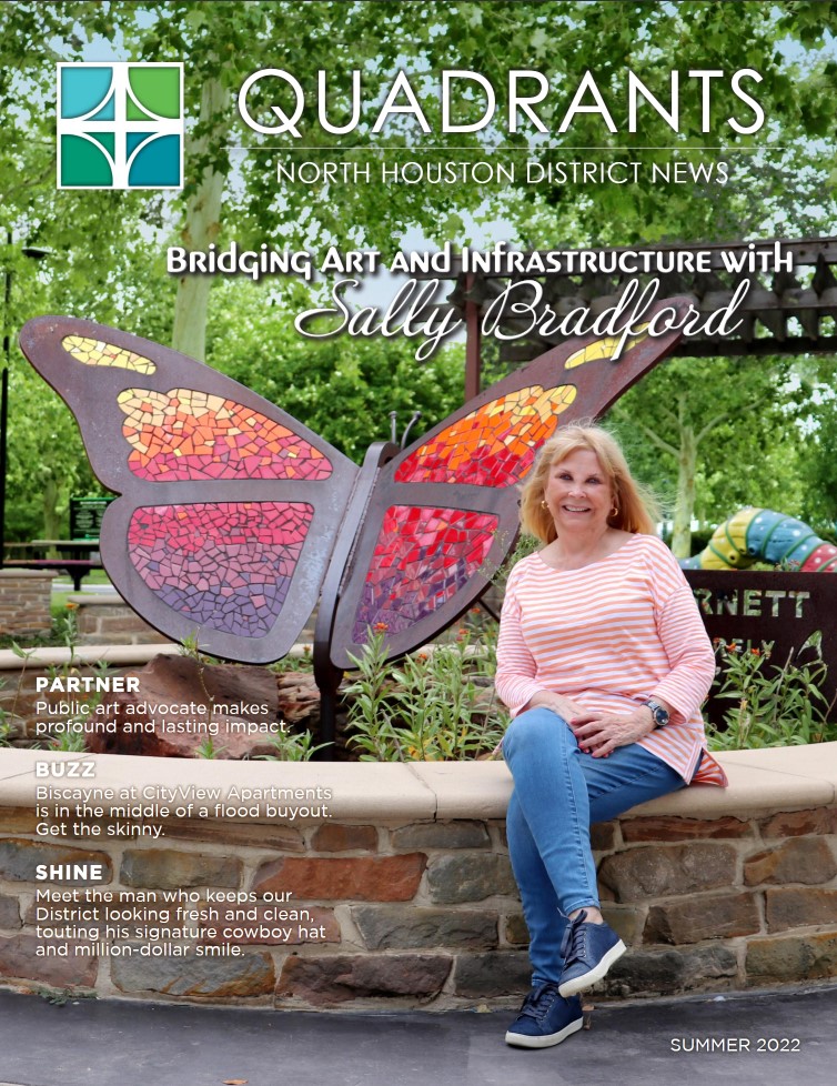 The cover of the Quadrants newsletter features Sally Bradford, the Executive Director of the North Houston Development Corp., sitting with the brightly colored mosaic butterfly at Buckboard Park.