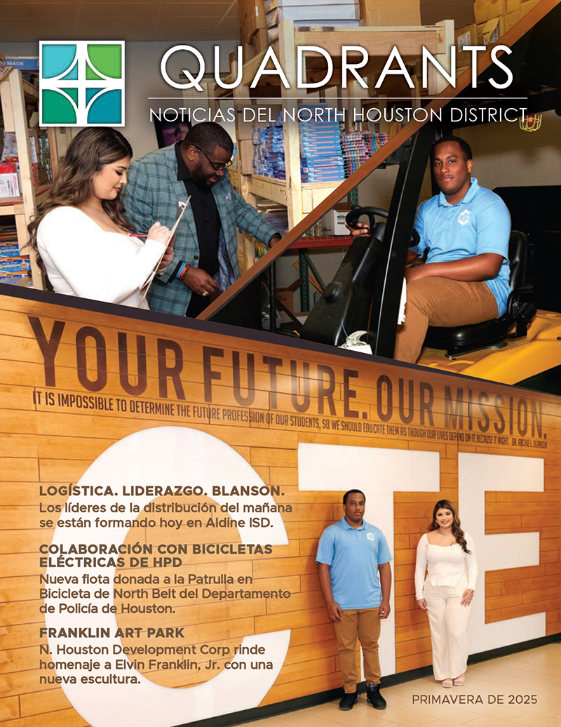 Cover of Quadrants Spring 2025 Spanish edition showing Aldine ISD students with the headline Your Future. Our Mission. and translated highlights of logistics, HPD bikes, and public art features.