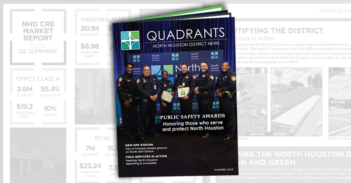Promotional image featuring the Quadrants: North Houston District News Summer 2025 issue cover, showcasing uniformed officers honored at the Public Safety Awards with articles on the new HPD station and field services.
