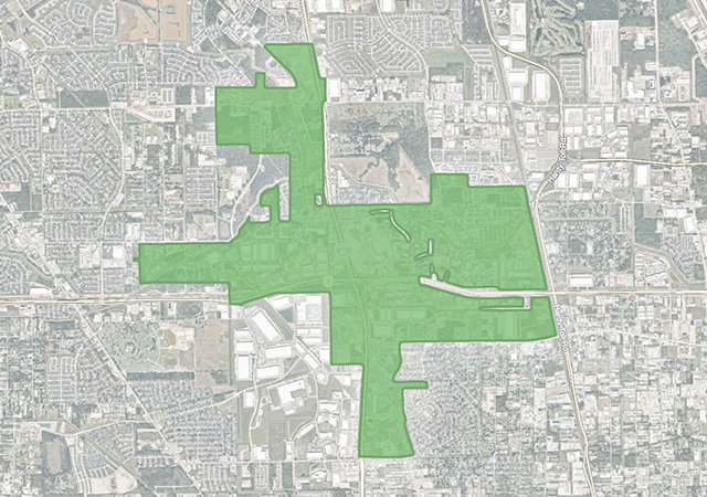 Map graphic highlighting the boundaries of TIRZ 11 within the North Houston area. The district area is shaded green over an aerial map background showing surrounding neighborhoods and roadways.