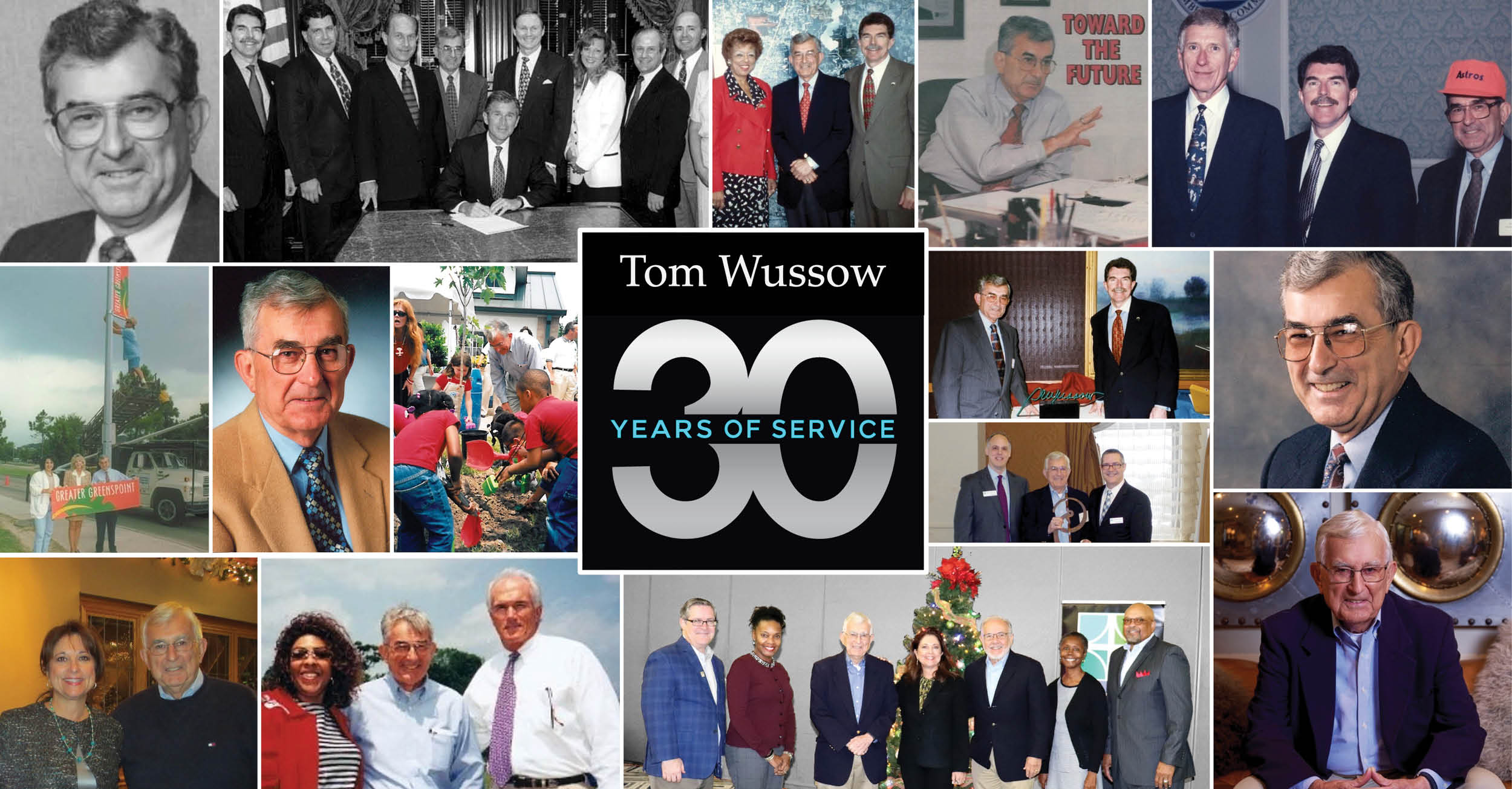 A digital collage celebrating Tom Wussow’s 30 years of service. The center features a bold "30 Years of Service" text. Surrounding images include professional headshots, ribbon-cuttings, meetings, volunteer events, and interactions with community members and leaders.